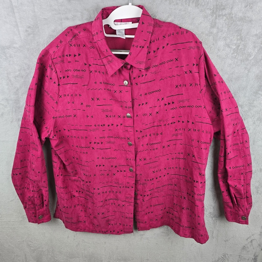 Dressbarn Magenta Pink Faux Suede Tribal Print Button Down Shirt XL Shoulder Pad